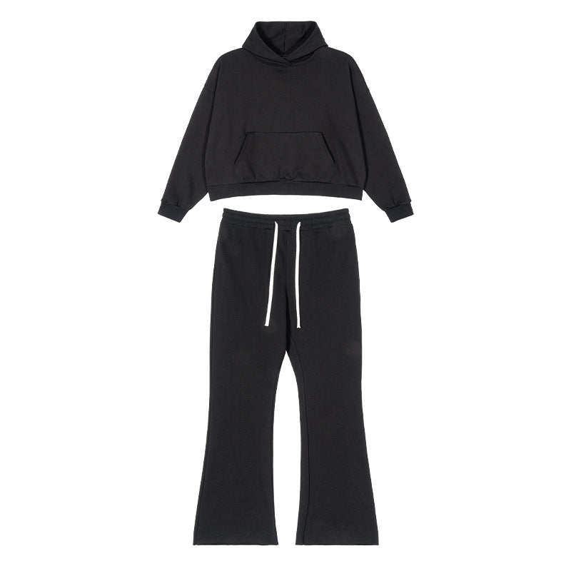Women's Cropped Hoodie and Flared Sweatpants Lounge Set made of French Terry Mune Fashion