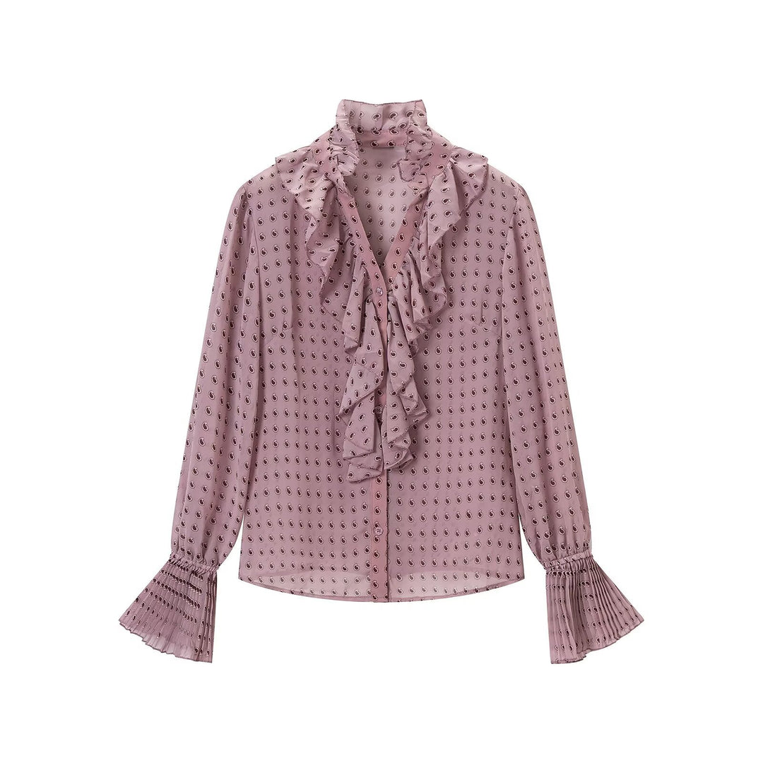 Women's chiffon blouse with ruffled collar, tie scarf and pleated bell sleeves Mune Fashion