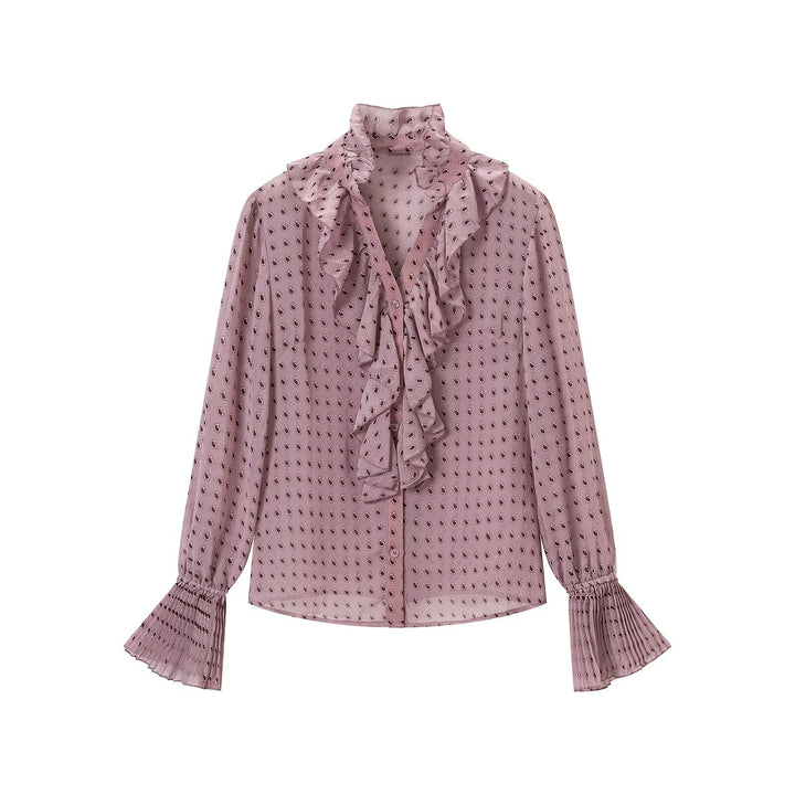 Women's chiffon blouse with ruffled collar, tie scarf and pleated bell sleeves Mune Fashion