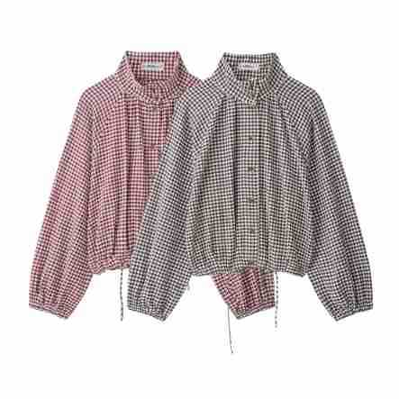 Women’s check blouse with stand-up collar, button closure and drawstring hem Mune Fashion