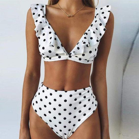 Ladies high-waisted bikini set with playful ruffles and polka dots Mune Fashion
