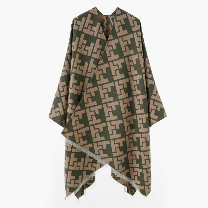 Women's Oversize Cape with Geometric Jacquard and Fringe Hem Mune Fashion