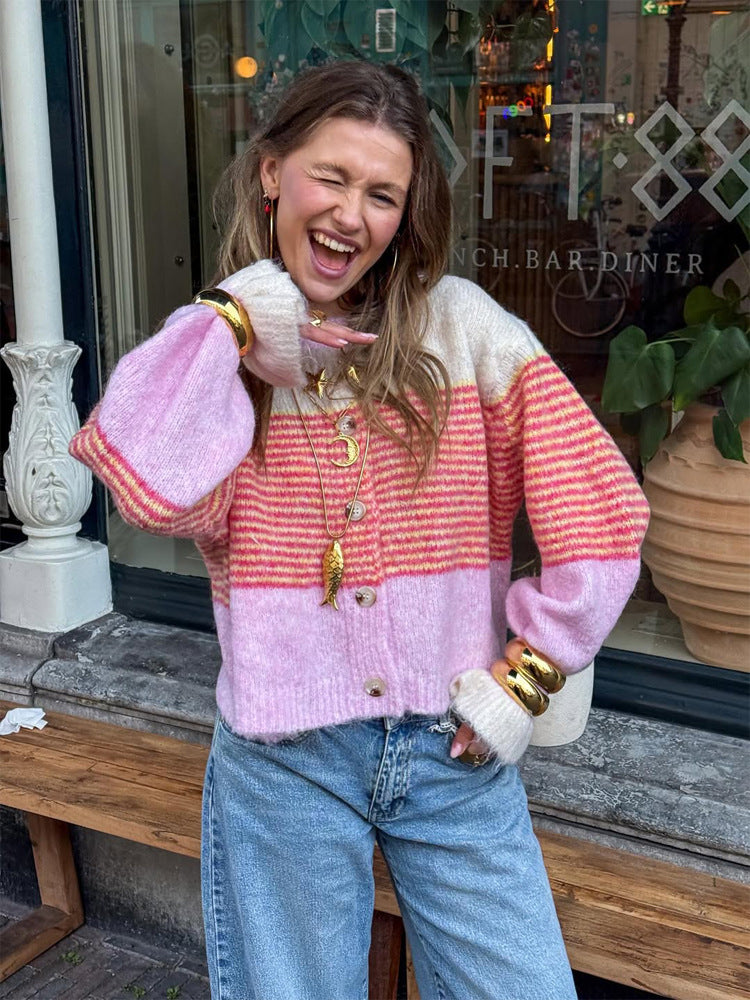 Women's Short Knit Cardigan made of Mohair Blend with Stripes, Button Placket and Balloon Sleeves Mune Fashion