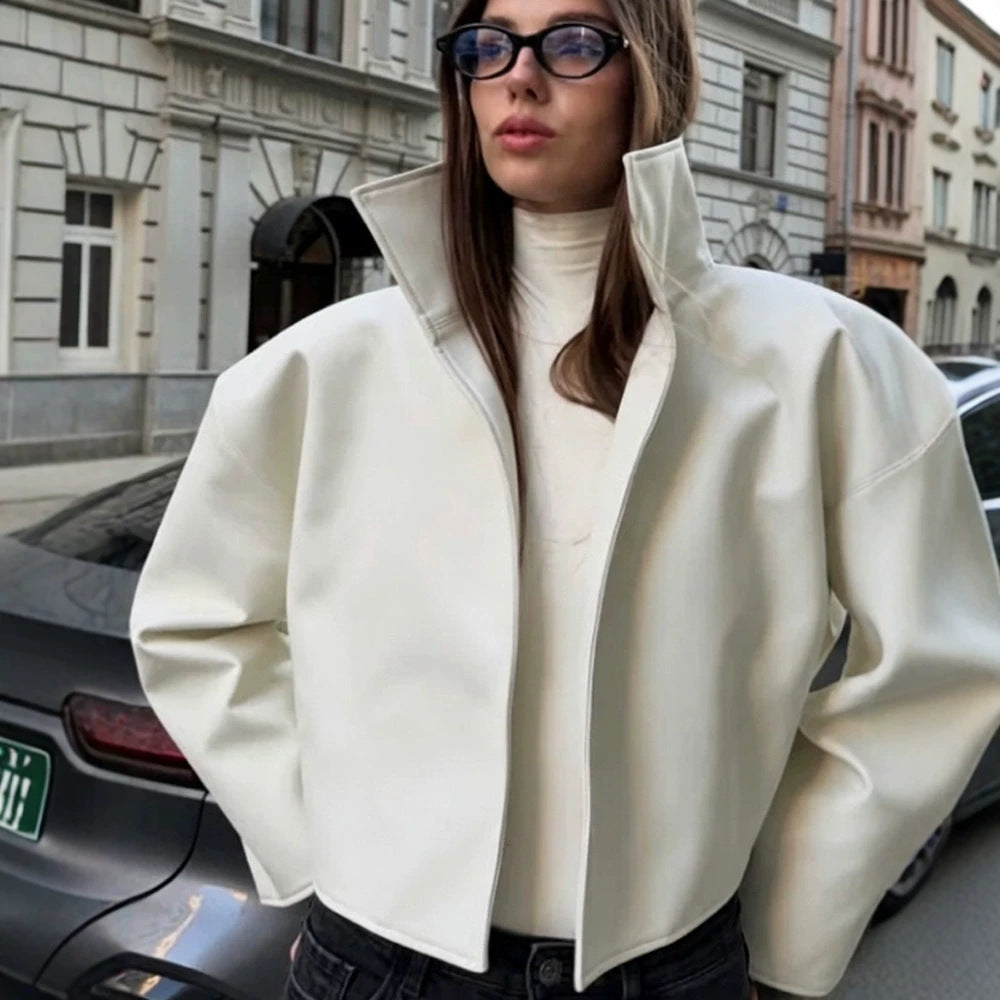 Women's Short Boxy Faux Leather Jacket with Distinctive Stand-Up Collar Mune Fashion