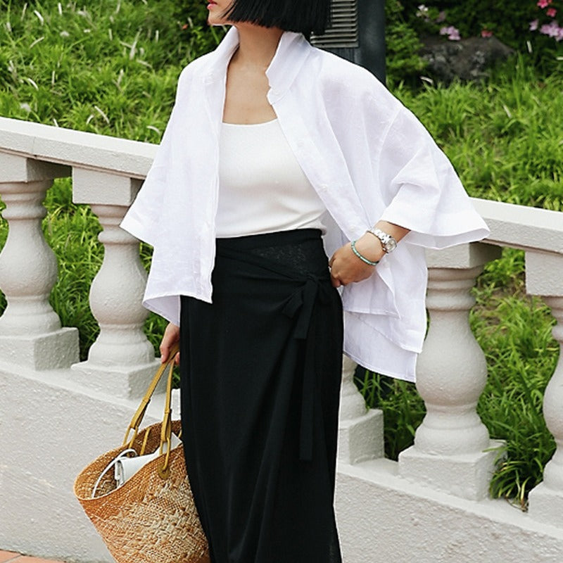 Women's Lightweight Oversized Shirt made of Linen Blend with Boxy Silhouette and Asymmetrical Hem Mune Fashion