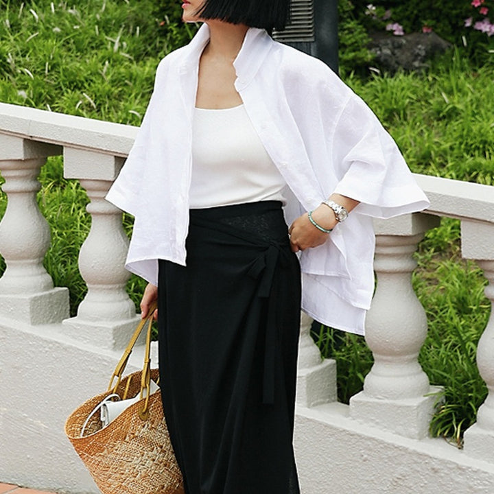 Women's Lightweight Oversized Shirt made of Linen Blend with Boxy Silhouette and Asymmetrical Hem Mune Fashion