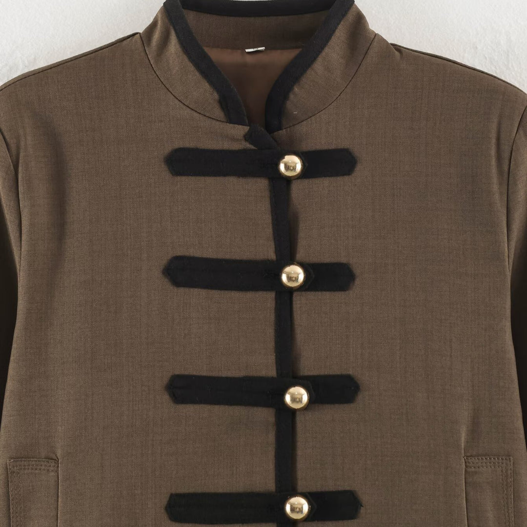 Women's short jacket in Mandarin style with decorative bow knots and contrast trim Mune Fashion