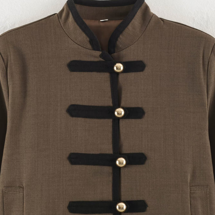 Women's short jacket in Mandarin style with decorative bow knots and contrast trim Mune Fashion