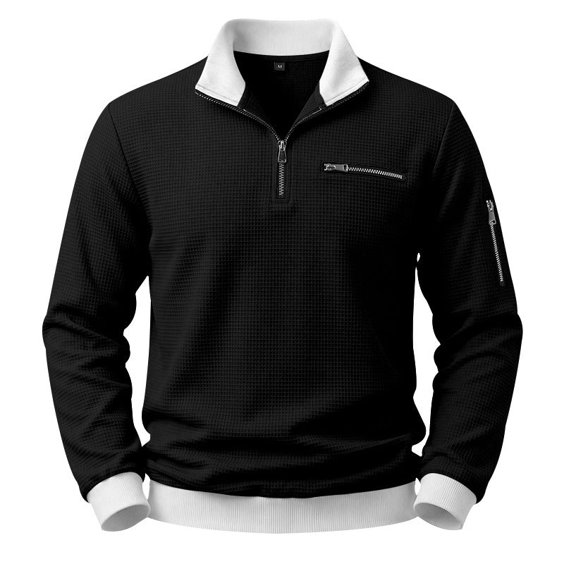 Men's Structured Waffle Sweater with Half-Zip and Zipper Pockets Mune Fashion
