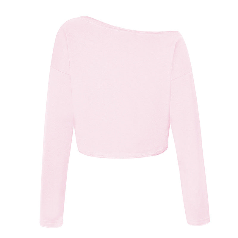 Women's cropped long sleeve shirt with wide boat neckline and dropped shoulders Mune Fashion
