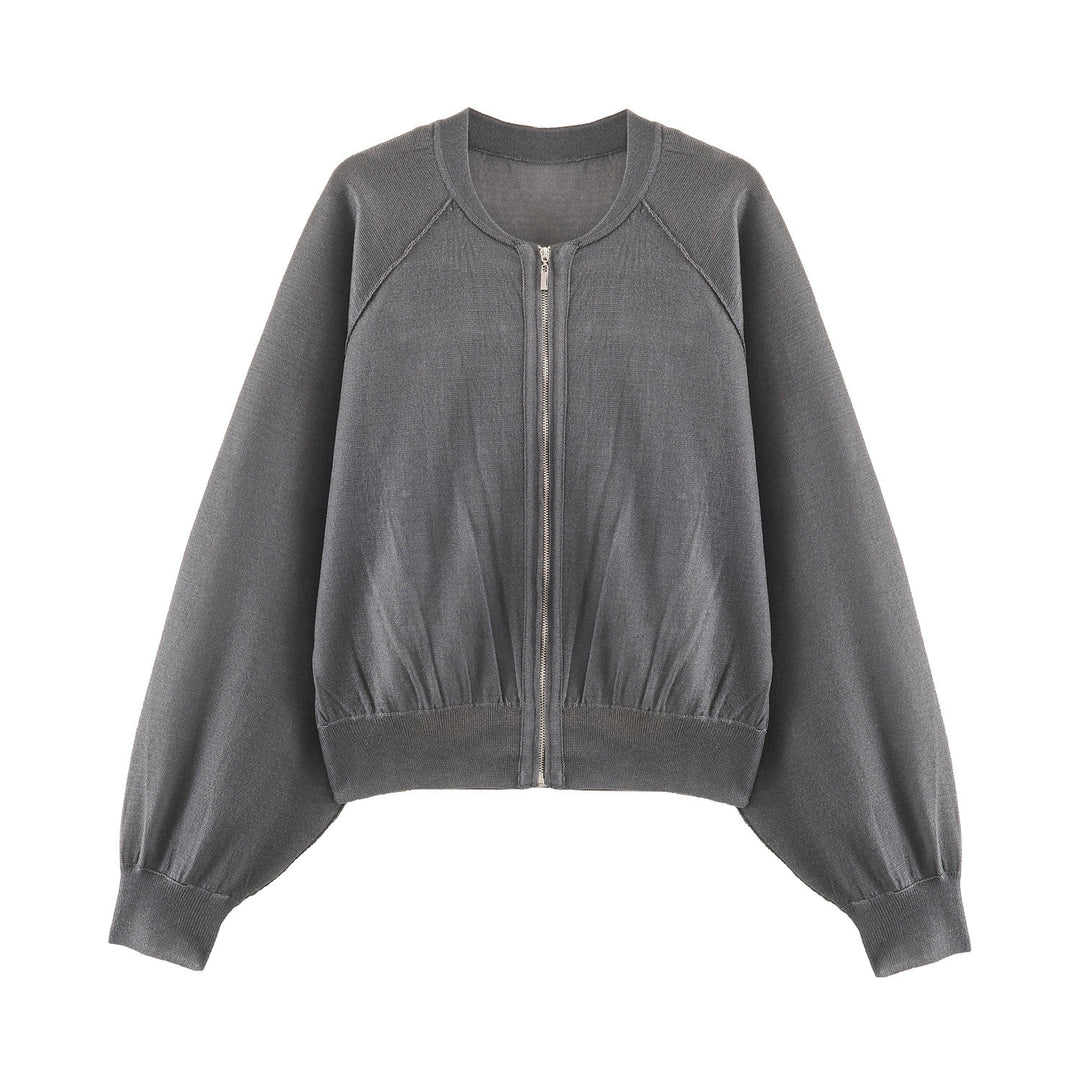 Women Lightweight Knit Bomber with Zipper, Balloon Sleeves and Gathered Hem Mune Fashion