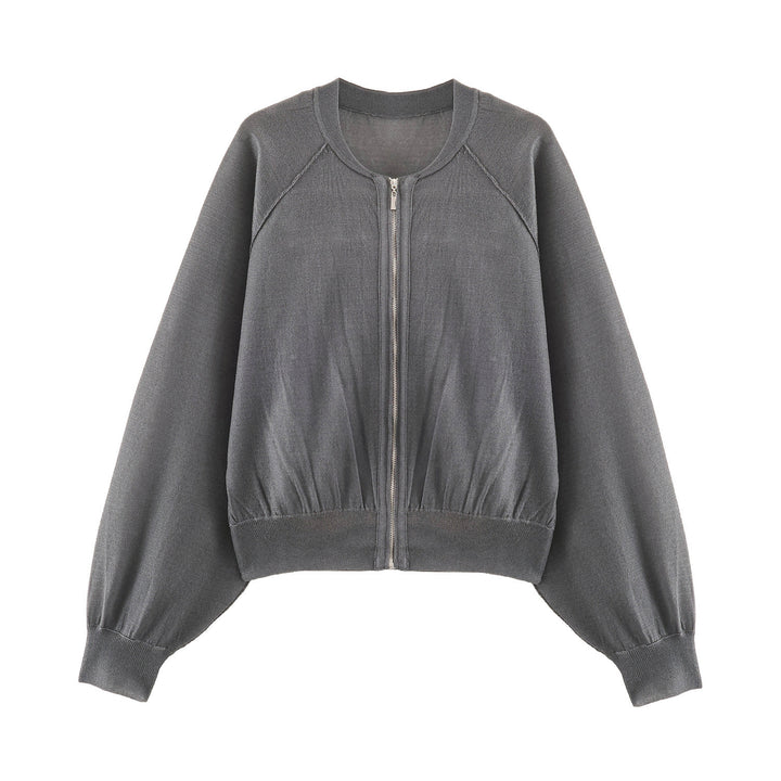 Women Lightweight Knit Bomber with Zipper, Balloon Sleeves and Gathered Hem Mune Fashion