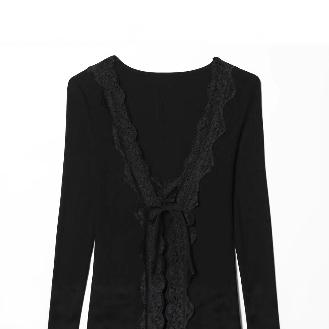 Women Fine Rib Structure Long Sleeve with Deep V-neck, Wide Lace Trim and Decorative Ribbon Mune Fashion