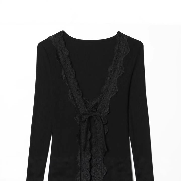 Women Fine Rib Structure Long Sleeve with Deep V-neck, Wide Lace Trim and Decorative Ribbon Mune Fashion