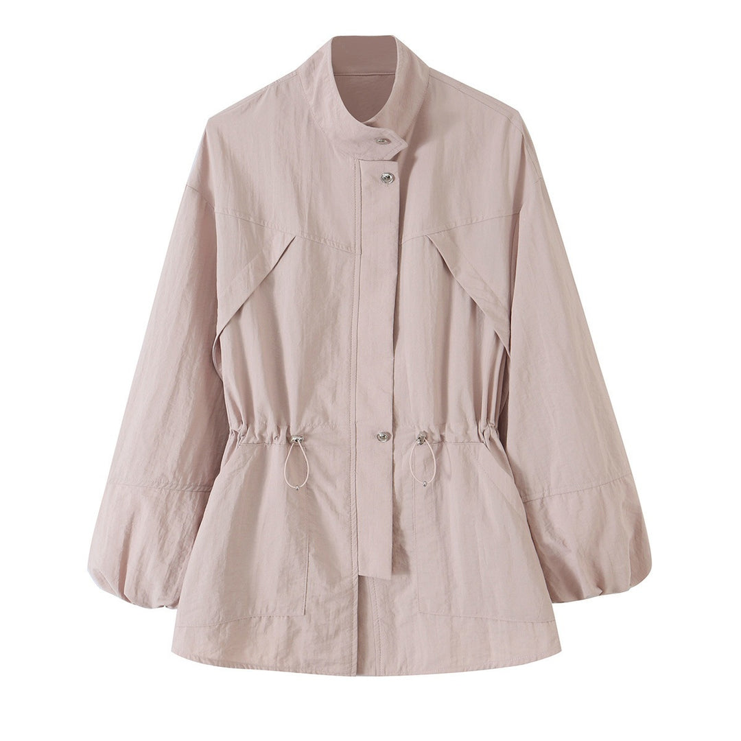 Women's Tailored Windbreaker with Drawstring, Stand Collar and Balloon Sleeves Mune Fashion