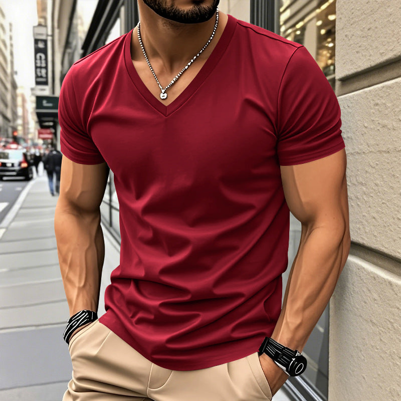 Men's classic V-neck T-shirt made of fine cotton jersey with reinforced neckband and double stitching Mune Fashion