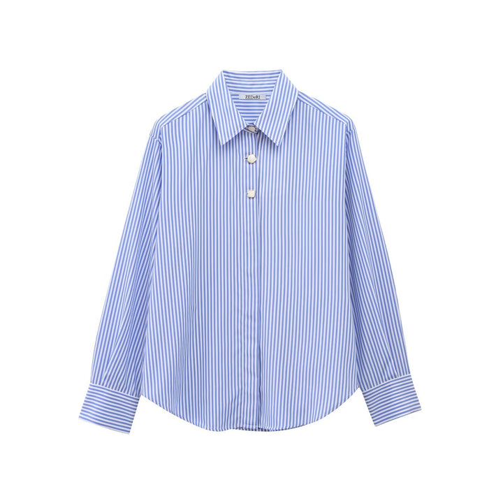 Women Oversized Shirt Blouse with Vertical Pinstripe, Oversized Cuffs and Decorative Buttons Mune Fashion