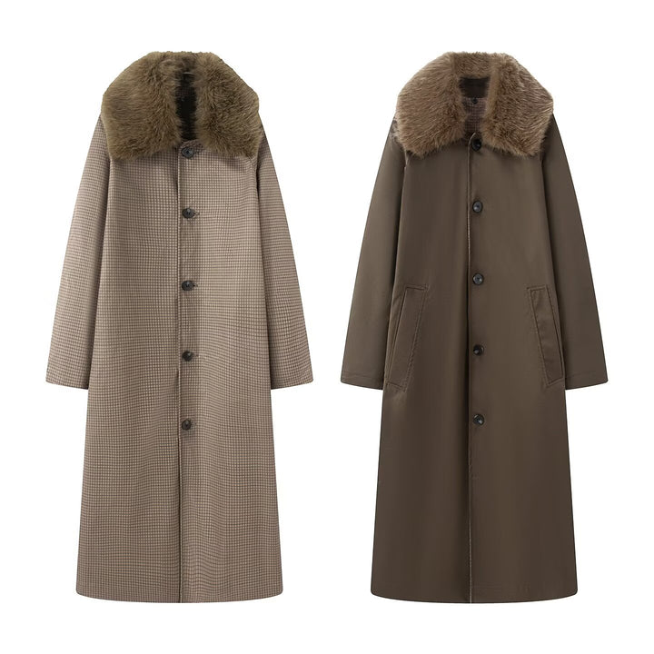 Women's longer Oversize wool coat with removable faux fur collar and side inset pockets Mune Fashion