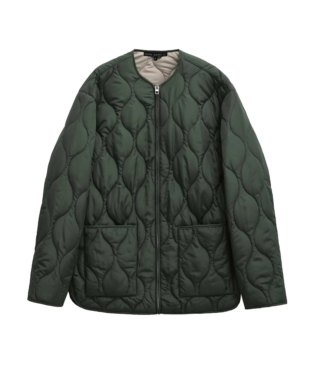 Women's non-quilted oversized quilted jacket with round neck, full-length zipper, and patch pockets Mune Fashion