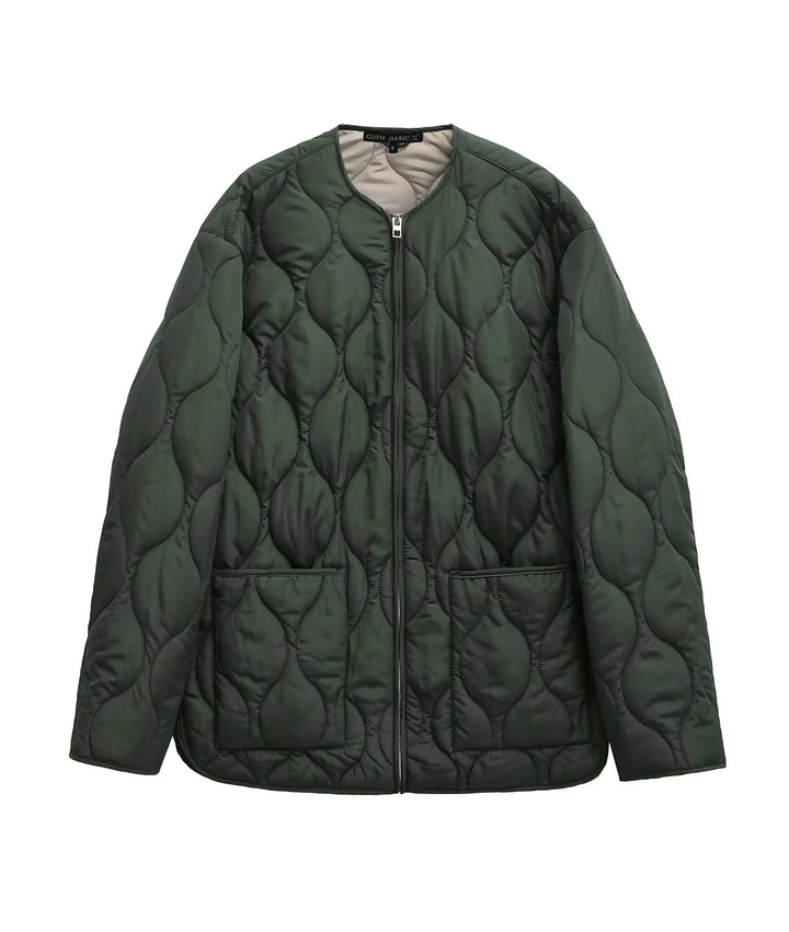 Women's non-quilted oversized quilted jacket with round neck, full-length zipper, and patch pockets Mune Fashion