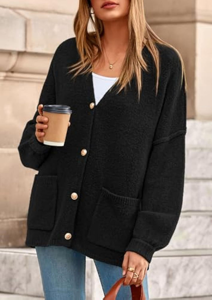 Women Oversized Knit Cardigan with V-Neck, Golden Decorative Buttons and Patch Pockets Drune
