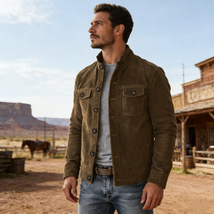Men's classic suede jacket with stand-up collar, button placket and patch breast pockets Mune Fashion