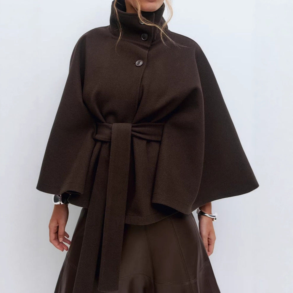 Women's stylish short cape coat with stand-up collar and tie belt Mune Fashion