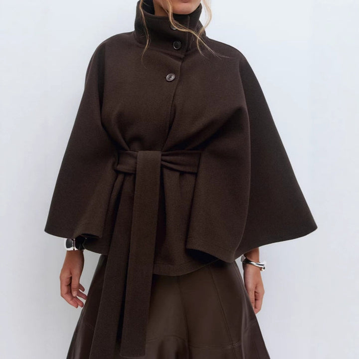 Women's stylish short cape coat with stand-up collar and tie belt Mune Fashion