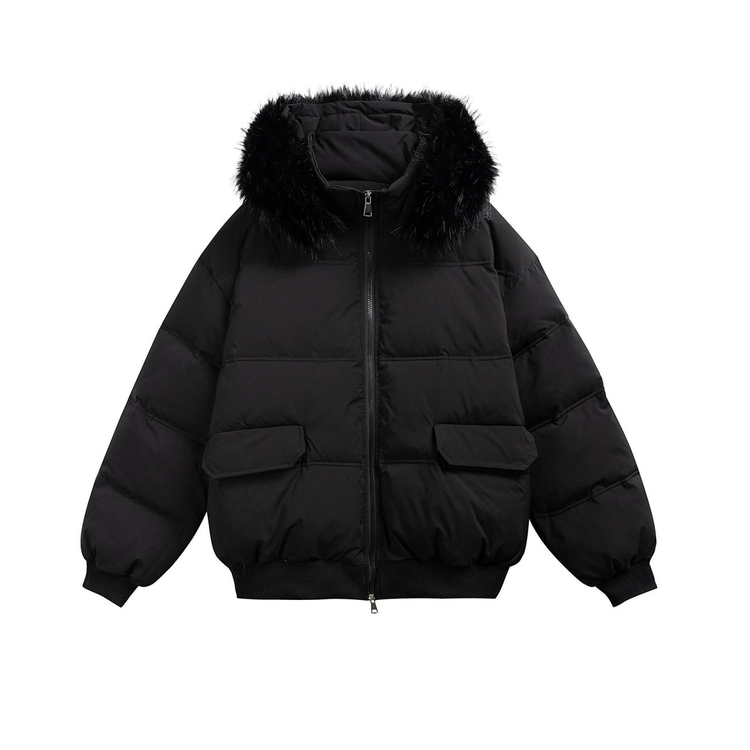 Women's Boxy Puffer Jacket with Hood and Voluminous Faux Fur Collar Mune Fashion