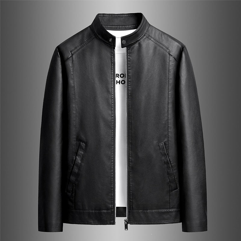 Men's Simple Faux Leather City Jacket with Stand Collar, Two-Way Zipper & Side Pockets Mune Fashion