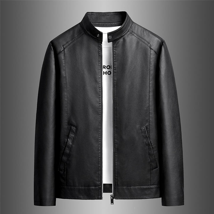 Men's Simple Faux Leather City Jacket with Stand Collar, Two-Way Zipper & Side Pockets Mune Fashion