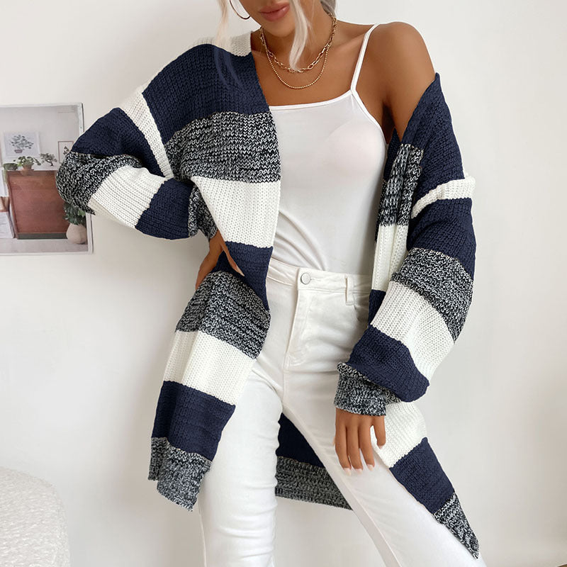 Women's Longline Knit Cardigan with Wide Block Stripes, Open Front and Dropped Shoulders Mune Fashion