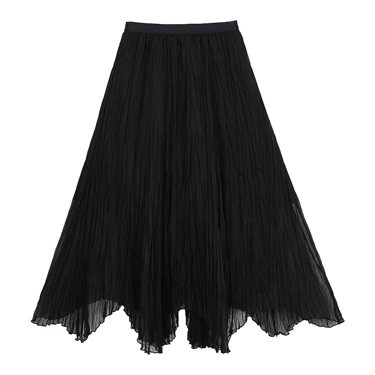 Women's flowing crinkle maxi skirt with tiered layering and pointed hem, Mune Fashion