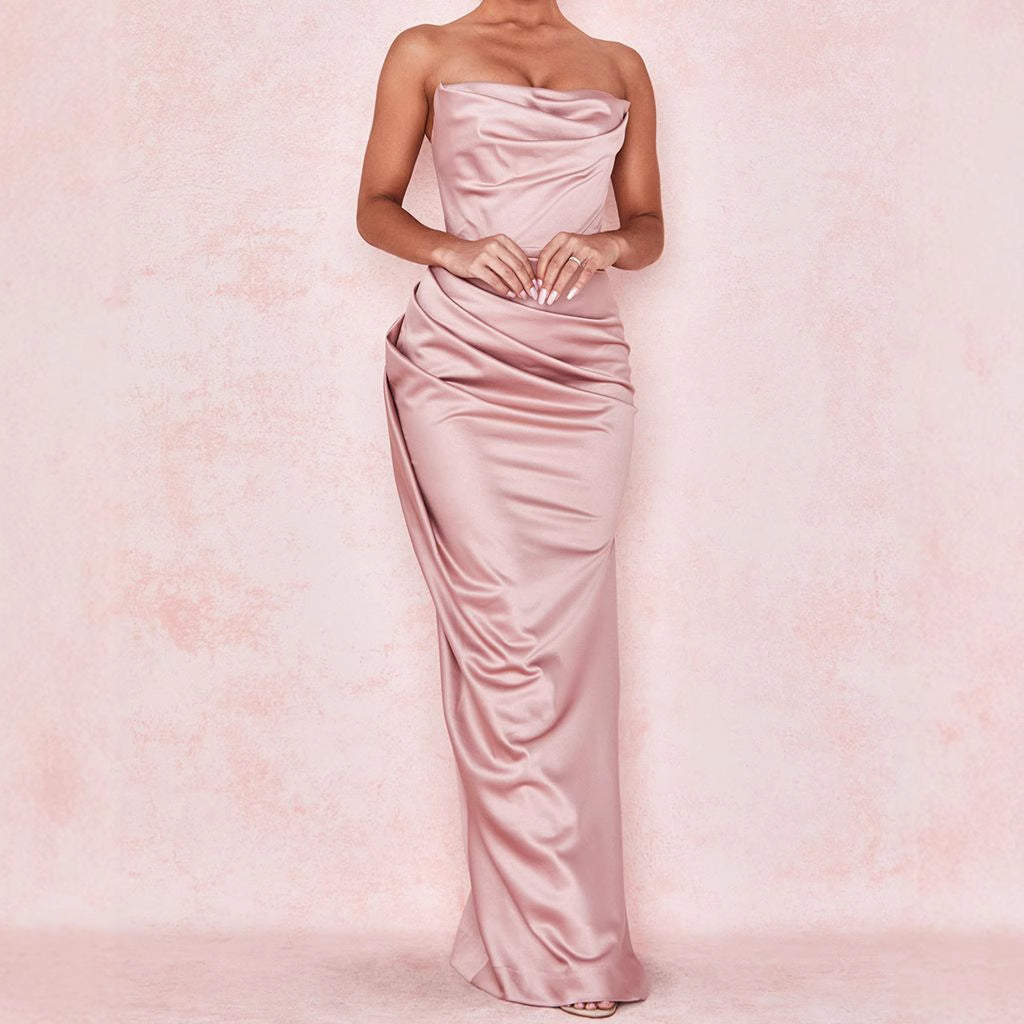 Ladies nan luxurious satin evening dress with draped bustier tailored draping and slim column silhouette Mune Fashion