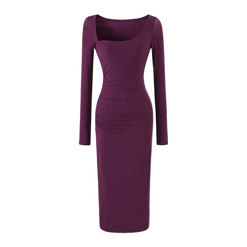 Women's Figure-hugging Midi Dress with Deep Round Neckline, Long Sleeves, and Side Gatherings
