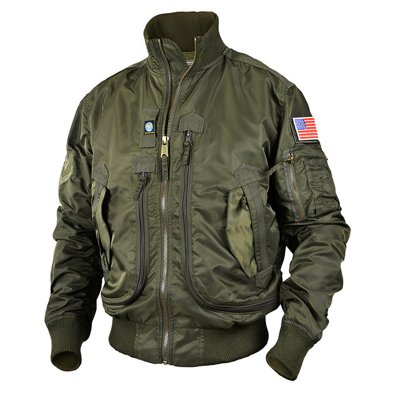 Men's Retro Pilot Jacket with Utility Pockets, Sleeve Pouch and Stand-Up Collar Mune Fashion