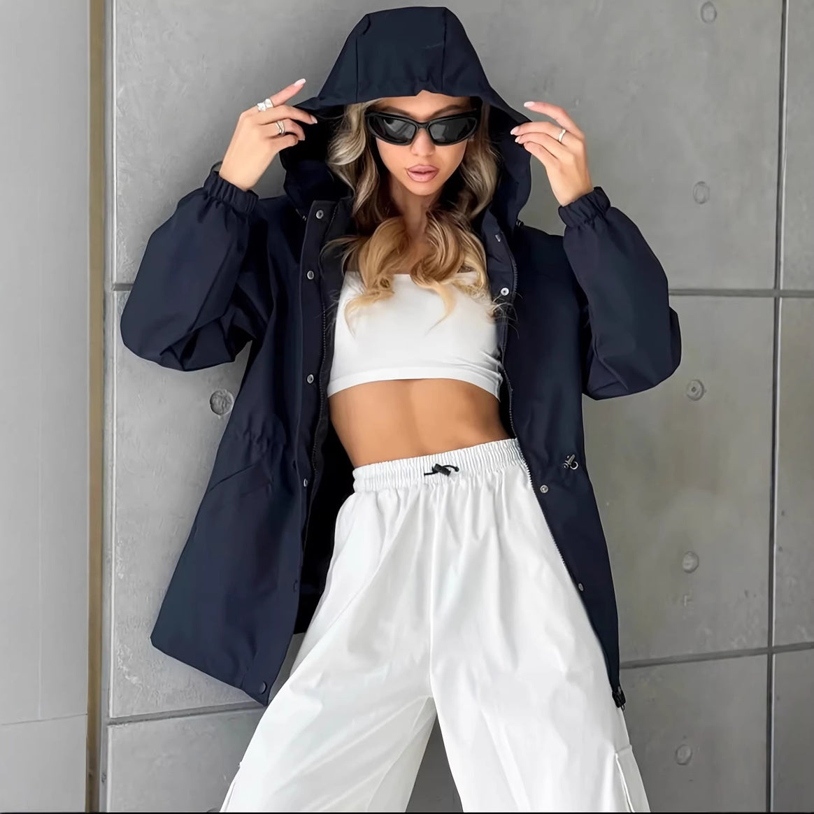 Women's Water-Repellent Short Parka with Hood, Drawstring and Snap Button Placket Mune Fashion