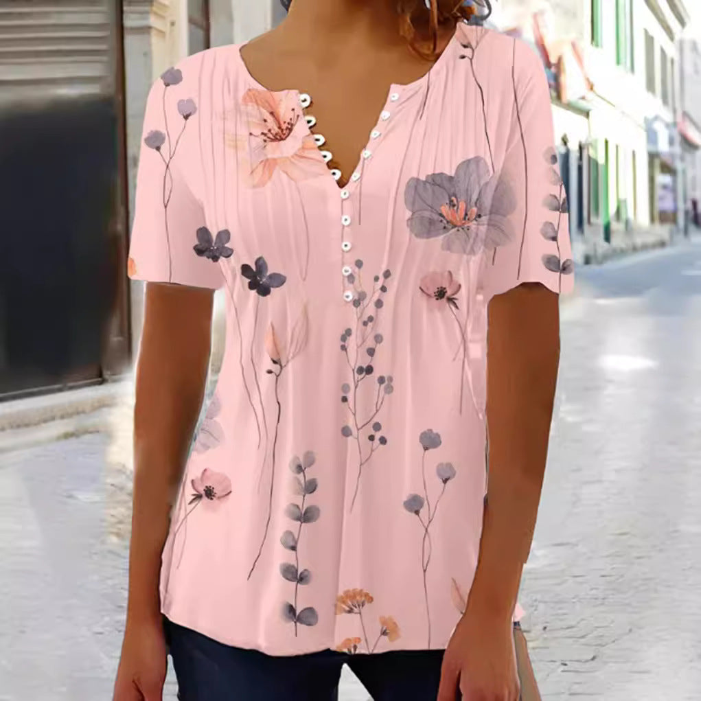 Women nan lightweight viscose tunic with decorative tuck pleats, half button placket and watercolor flower print Mune Fashion