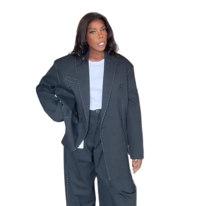 Women Oversized Two-Piece Boxy Blazer and Wide Pleated Trousers with Decorative Stitching Mune Fashion