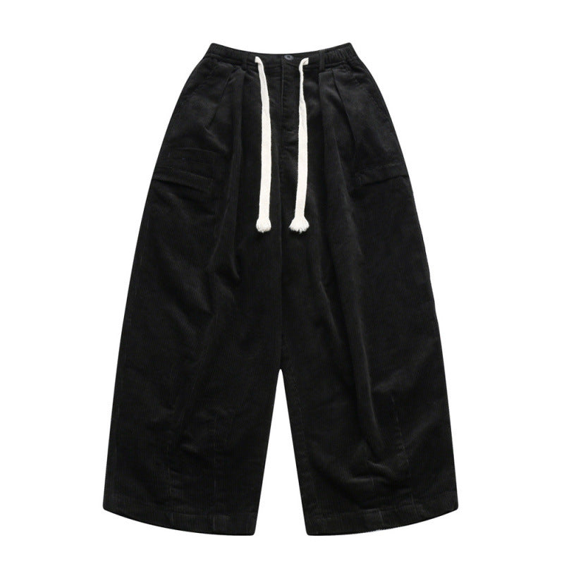 Women Wide High-Waisted Cord Pants in Culotte Cut with Drawstring and Patch Pockets Mune Fashion
