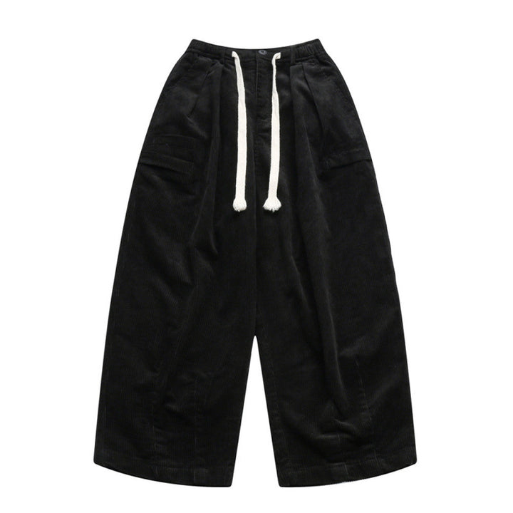Women Wide High-Waisted Cord Pants in Culotte Cut with Drawstring and Patch Pockets Mune Fashion