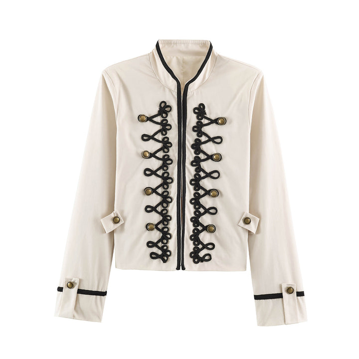 Women's Short Military Style Jacket with Ornamental Cord and Button Decoration Mune Fashion