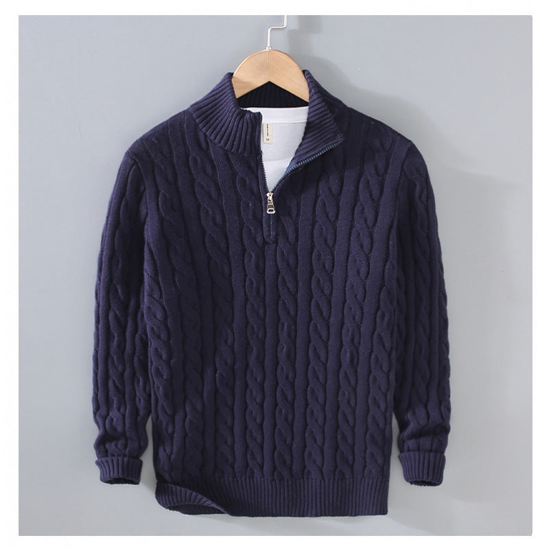 Men's cable knit semi-zip pullover made of soft cotton blend with stand-up collar Mune Fashion