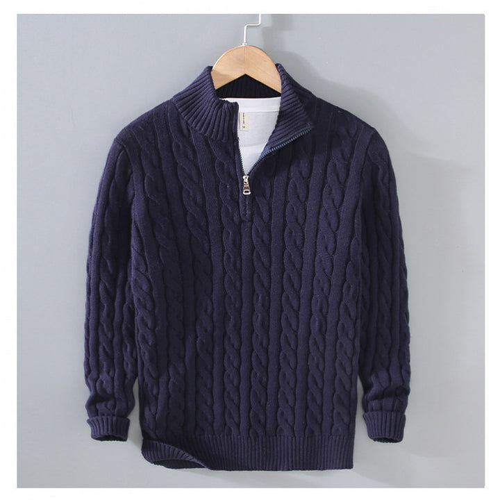 Men's cable knit semi-zip pullover made of soft cotton blend with stand-up collar Mune Fashion