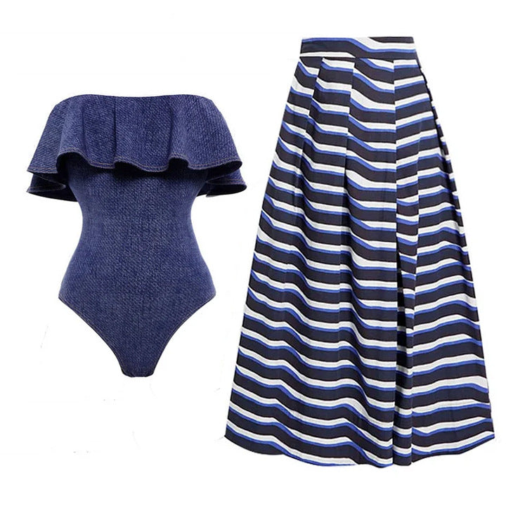 Women's bandeau swimsuit with decorative bows and striped maxi skirt Mune Fashion