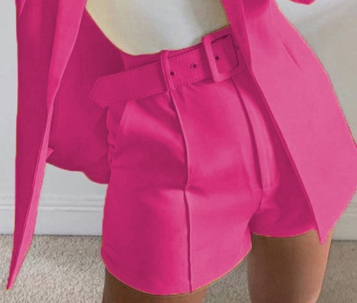 Women's Two-Piece Tailored Blazer Set with High-Waisted Shorts and Belt Mune Fashion