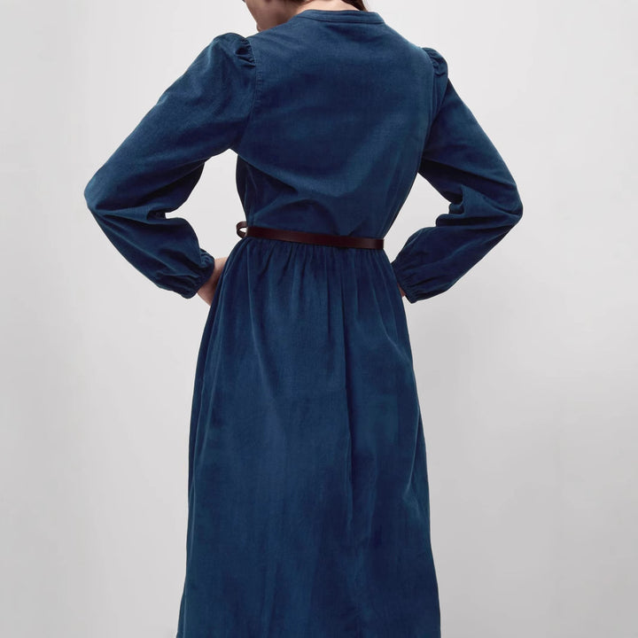 Women's Long Cord Dress with Gathered Waist Seam, Chest Pockets and Short Zipper at the Top