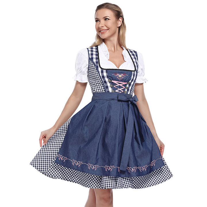 Women's classic traditional Dirndl dress with laced bodice, heart-embroidered apron, and Vichy check skirt Mune Fashion