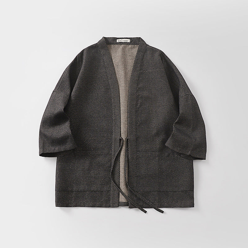 Men's Loose Kimono Cardigan made of textured cotton blend with short sleeves and tie Mune Fashion