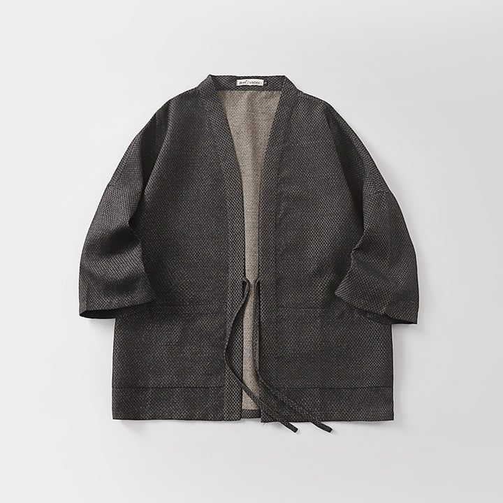 Men's Loose Kimono Cardigan made of textured cotton blend with short sleeves and tie Mune Fashion